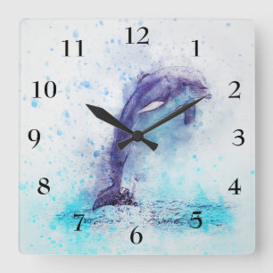Square clock with a Beautiful dolphin Quadratische Wanduhr
