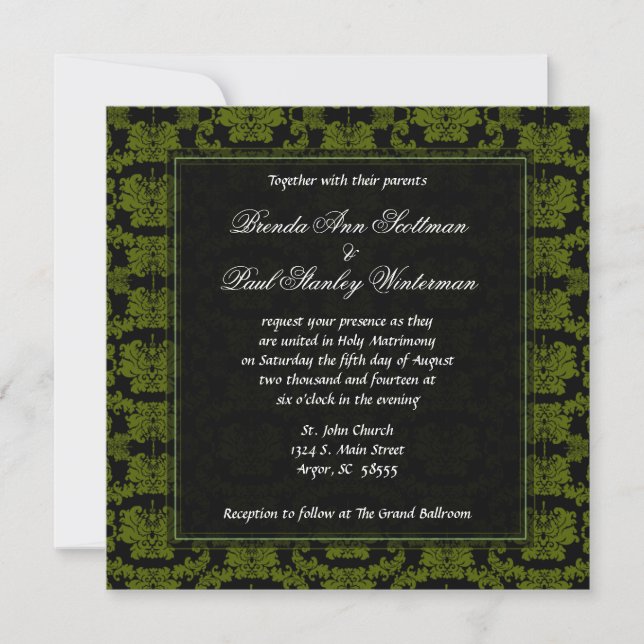 Square Damask Grüne Hochzeit Einladung (Vorderseite)