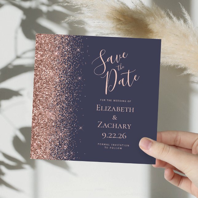 Square Dark Blue Rose Gold Save the Date Ankündigung (Von Creator hochgeladen)