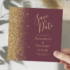 Square Dark Burgundy Gold Glitzer Save the Date Ankündigung