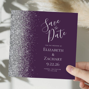 Square Dark Lila Silver Glitzer Save the Date Ankündigung
