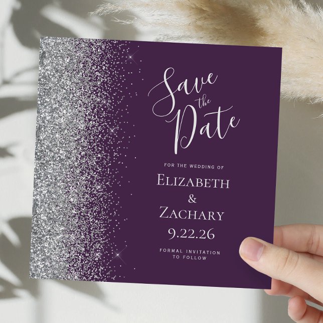 Square Dark Lila Silver Glitzer Save the Date Ankündigung (Von Creator hochgeladen)