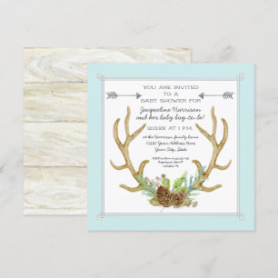 Square Deer Antler Pine Cone Ferns Baby Boy Dusche Einladung