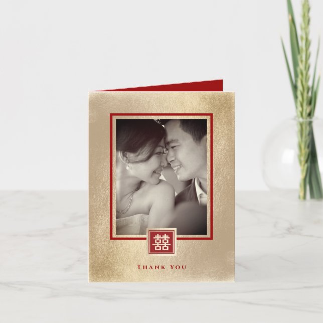 Square Double Happiness Gold Chinese Wedding Foto Dankeskarte (Vorderseite)