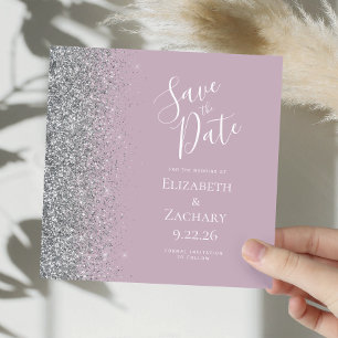 Square Dusty Lilac Silver Glitzer Save the Date Ankündigung