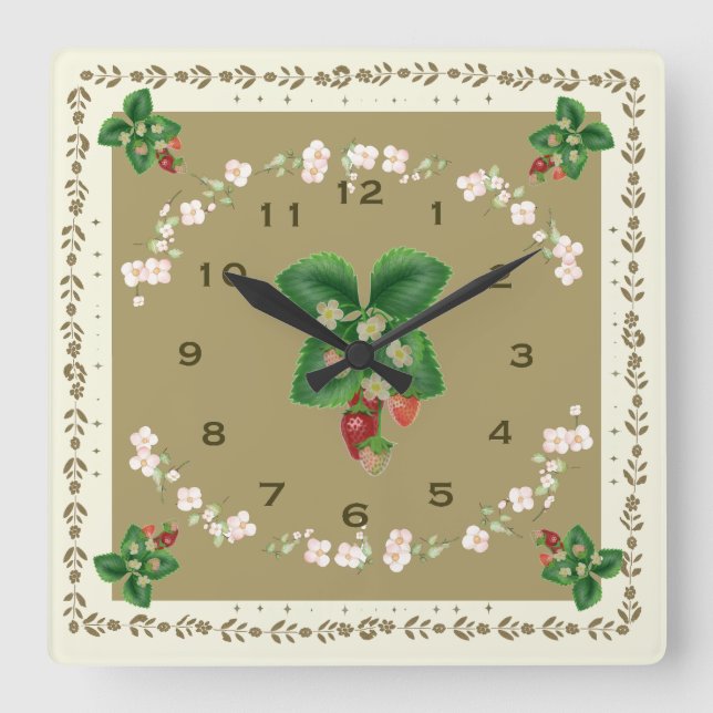 Square Erdbeere Uhr Loden Grüne Hintergrund (Vorderseite)