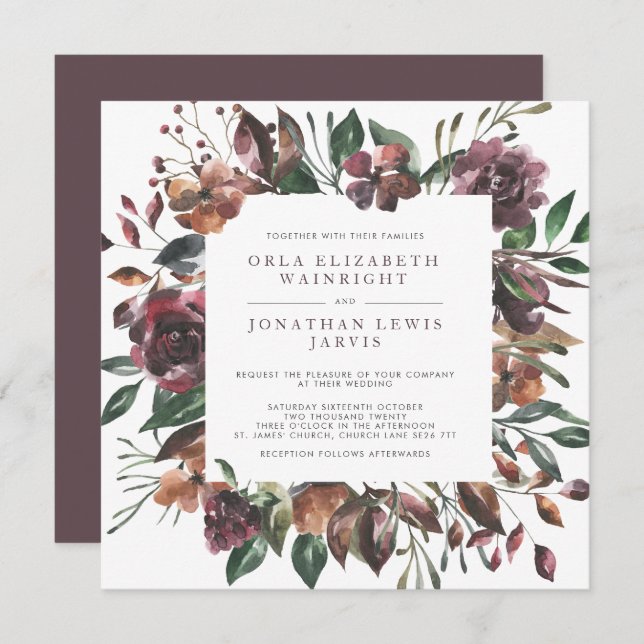 Square Fall Watercolor Mled Floral Frame Wedding Einladung (Vorne/Hinten)