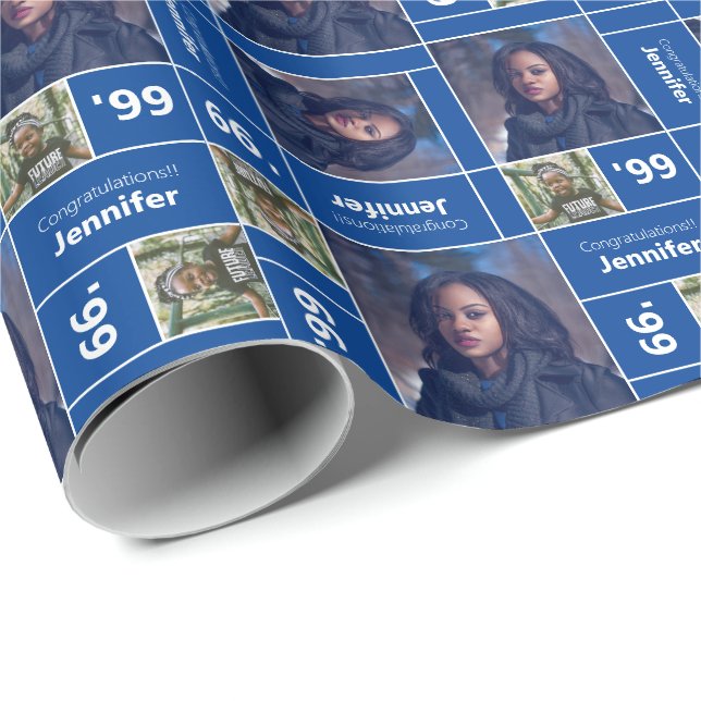 Square Foto Abschluss Class Year Blue Geschenkpapier (Rolleneckpunkt)