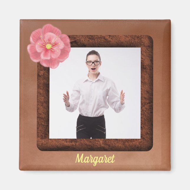 Square Foto mit tropischer Blume und Name Magnet (Vorne)