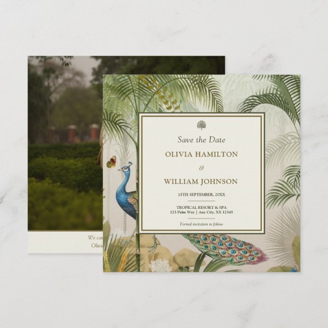 Square Foto Tropical Peacock Palm Save the Date (Vorne/Hinten)