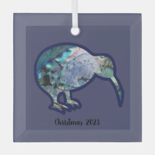 Square Glass Pāua Kiwi Bird Xmas Dekoration