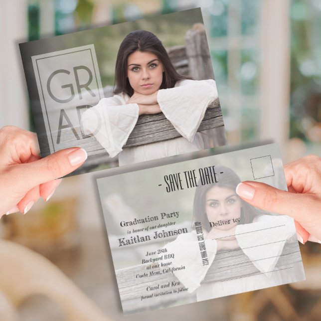 Square GRAD Overlay Foto Abschluss Save the Date Postkarte (Square GRAD overlay photo graduation Save the Date Postcards)