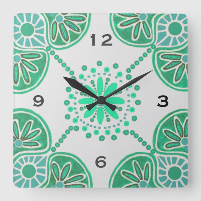 Square Green Tile Pattern Wall Uhr (Vorderseite)
