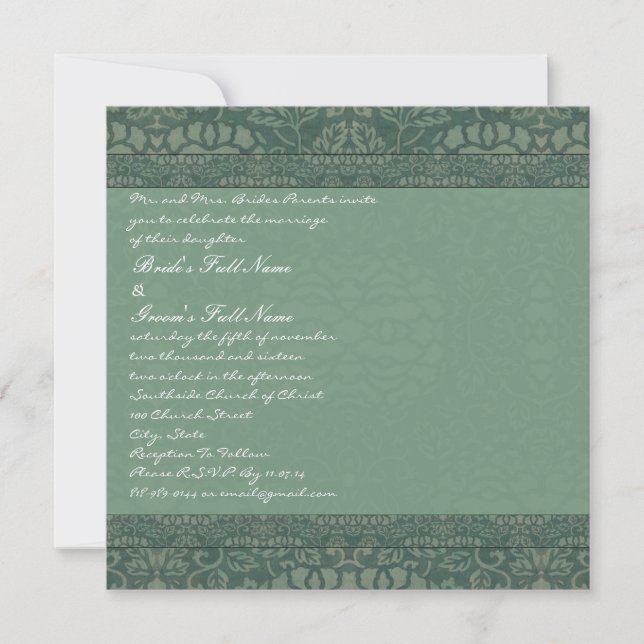 Square Green Vintag Damask Einladung (Vorderseite)
