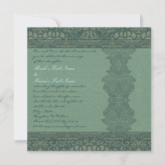 Square Green Vintag Damask Einladung (Vorderseite)
