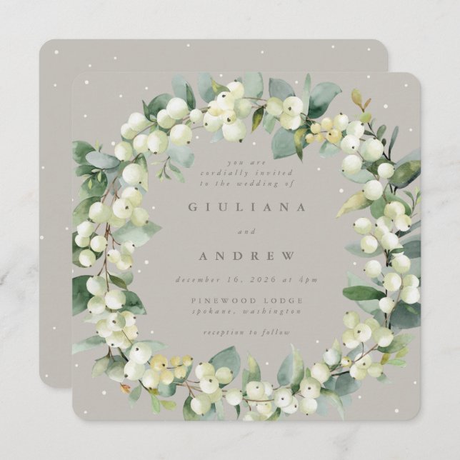 Square Greige Snowberry+Eucalyptus Wreath Wedding Einladung (Vorne/Hinten)