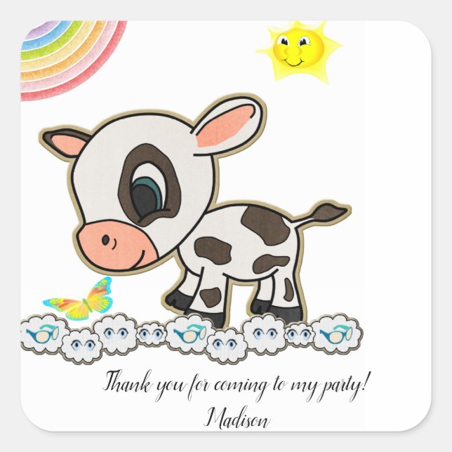 Square Happy Birthday Stickers Cow (Vorderseite)