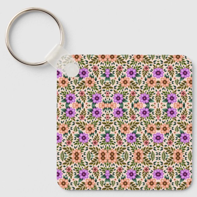 Square keychain showcasing a vibrant floral  schlüsselanhänger (Vorderseite)
