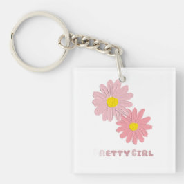 Square keychain with pink daisy flowers schlüsselanhänger