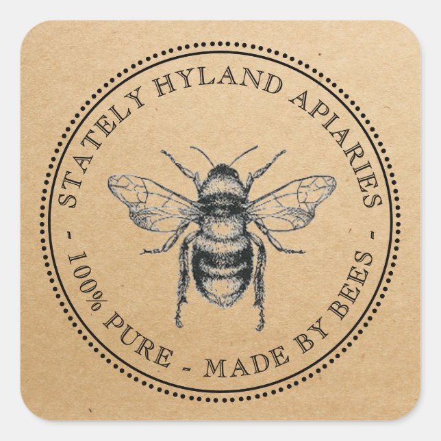 Square Kraft Vintag Honey Label Quadratischer Aufkleber (Vorderseite)