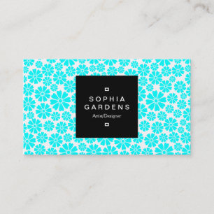 Square Label 01a - 8 Petals - Cyan on White Visitenkarte