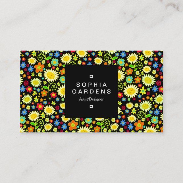 Square Label 01a - farbenfrohe Blumen Visitenkarte (Vorderseite)