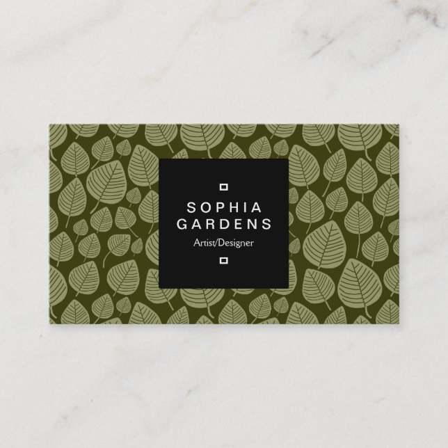 Square Label 01a - Leaf pattern 02 - Olive Shades Visitenkarte (Vorderseite)