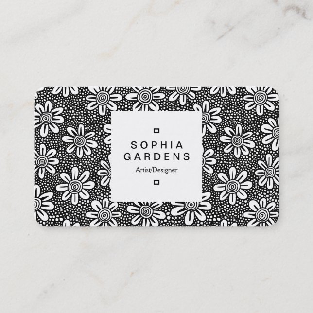 Square Label 03a - Blume Pattern 140617 - Schwarz Visitenkarte (Vorderseite)
