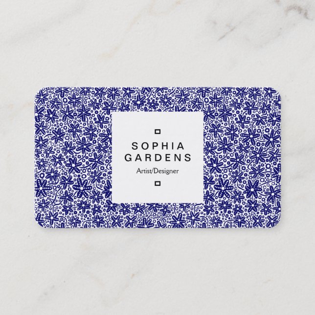 Square Label 03a - Blume Pattern - Dunkelblau auf  Visitenkarte (Vorderseite)