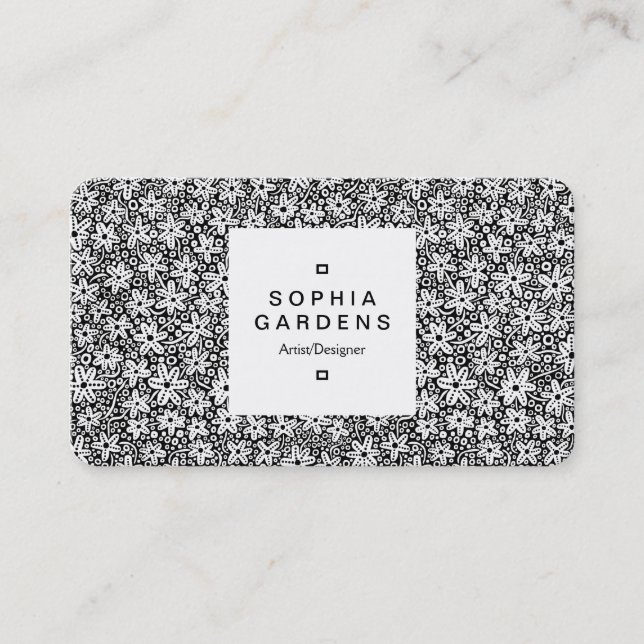 Square Label 03a - Blume Pattern - Schwarz Visitenkarte (Vorderseite)