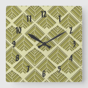 Square Leaf Pattern Gold Lime Light Quadratische Wanduhr