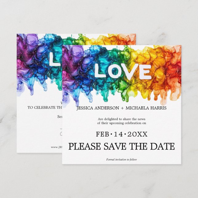 🌈 🐦 Square LGBTQ mit Liebe-Hochzeit bemalt Save The Date (Vorne/Hinten)
