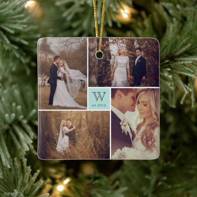 Square Monogram Simple Foto Collage Holiday Keramikornament (Baum)