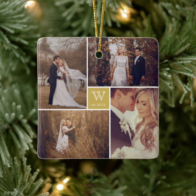 Square Monogram Simple Foto Collage Holiday Keramikornament (Baum)