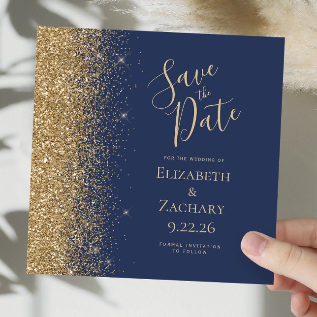 Square Navy Blue Gold Glitzer Save the Date Ankündigung (Von Creator hochgeladen)