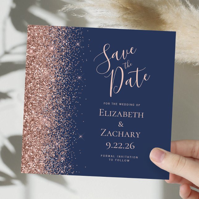 Square Navy Blue Rosen Gold Save the Date Ankündigung (Von Creator hochgeladen)
