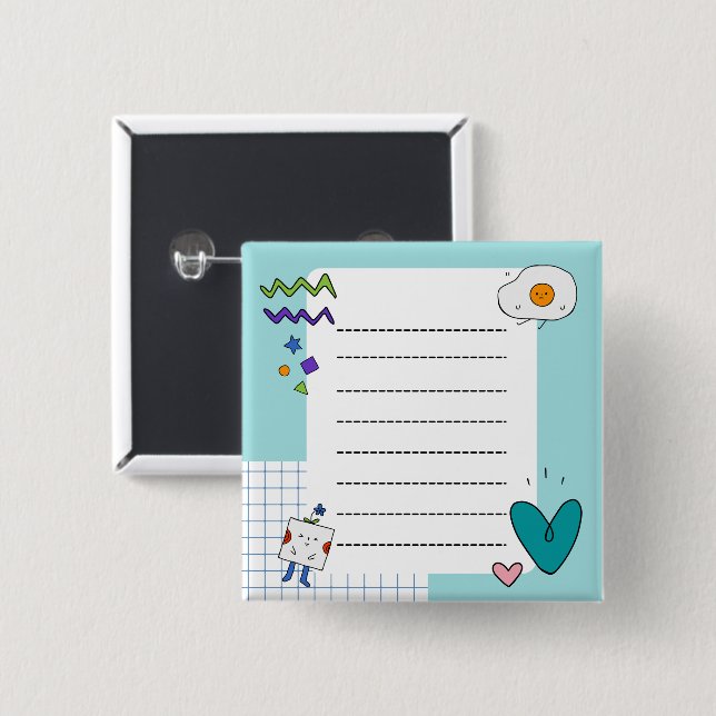 Square Niedlich Doodle Cartoon Membernotes Button (Vorne & Hinten)