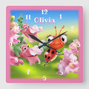 Square Nursery clock Ladybug in the flower garden Quadratische Wanduhr