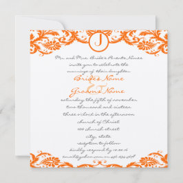 Square Orange Damask Monogram Wedding Einladung
