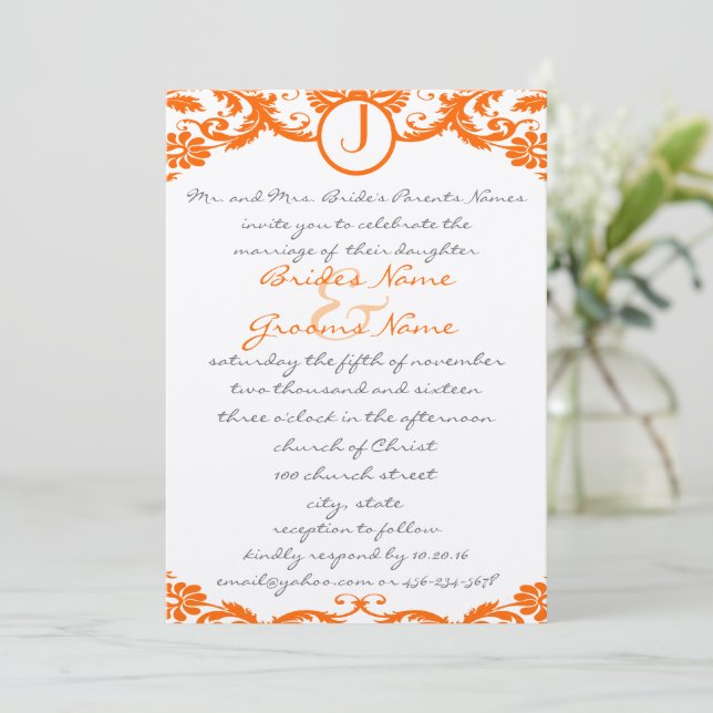 Square Orange Damask Monogram Wedding Einladung (Stehend Vorderseite)