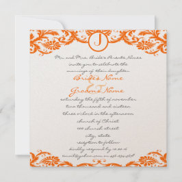 Square Orange Damask Monogram Wedding Einladung