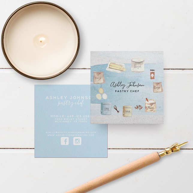 Square Pastry Koch Watercolor Baking Ingredienzen Quadratische Visitenkarte (Von Creator hochgeladen)