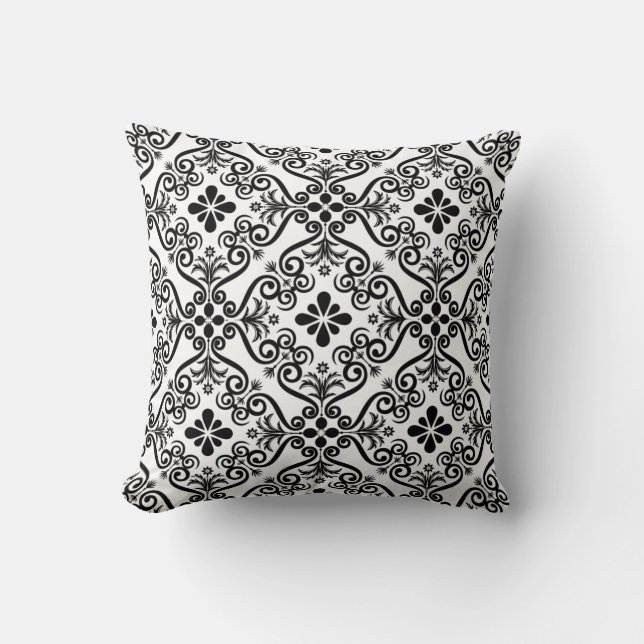 Square Pillow Floral Schwarz-weiß Damask Kissen (Vorderseite)