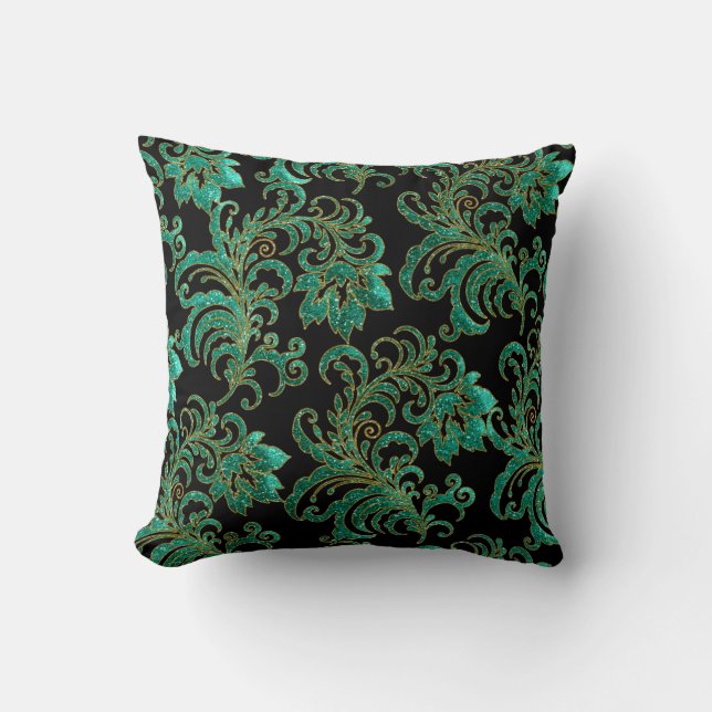 Square Pillow Jade Green Brocade Black Damask Kissen (Vorderseite)