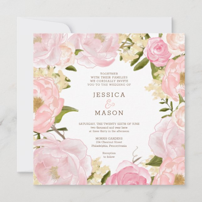 Square Pink Floral Peonies Hochzeitseinladung Einladung (Vorderseite)