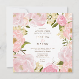 Square Pink Floral Peonies Hochzeitseinladung Einladung