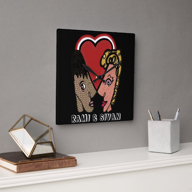 Square Pop Art Couple Clock mit Individuellen Name Quadratische Wanduhr (Büro)