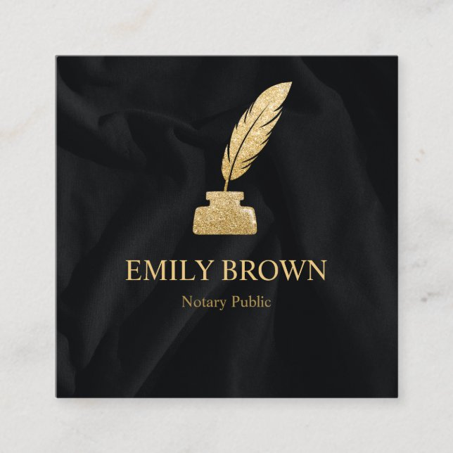 Square Quill Notary Loan Signing Agent Black Gold Quadratische Visitenkarte (Vorderseite)