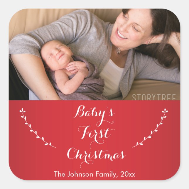 Square Red Baby's First Christmas Foto Stickers (Vorderseite)