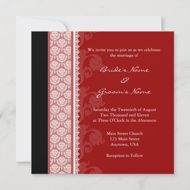 Square Red & Black Damask Einladungen (Vorderseite)